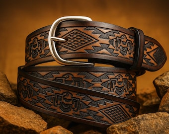 Handmade Thunderbird Aztec Native Leather Belt: Western Style, USA Made