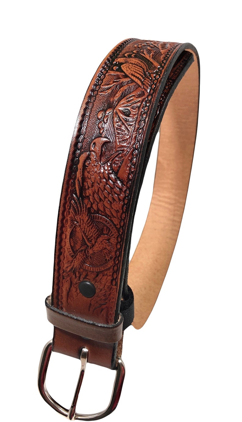 American Eagle Design Handmade Men Western Work Casual Leather Belt USA Made Color Cocoa Brown Made In America image 1