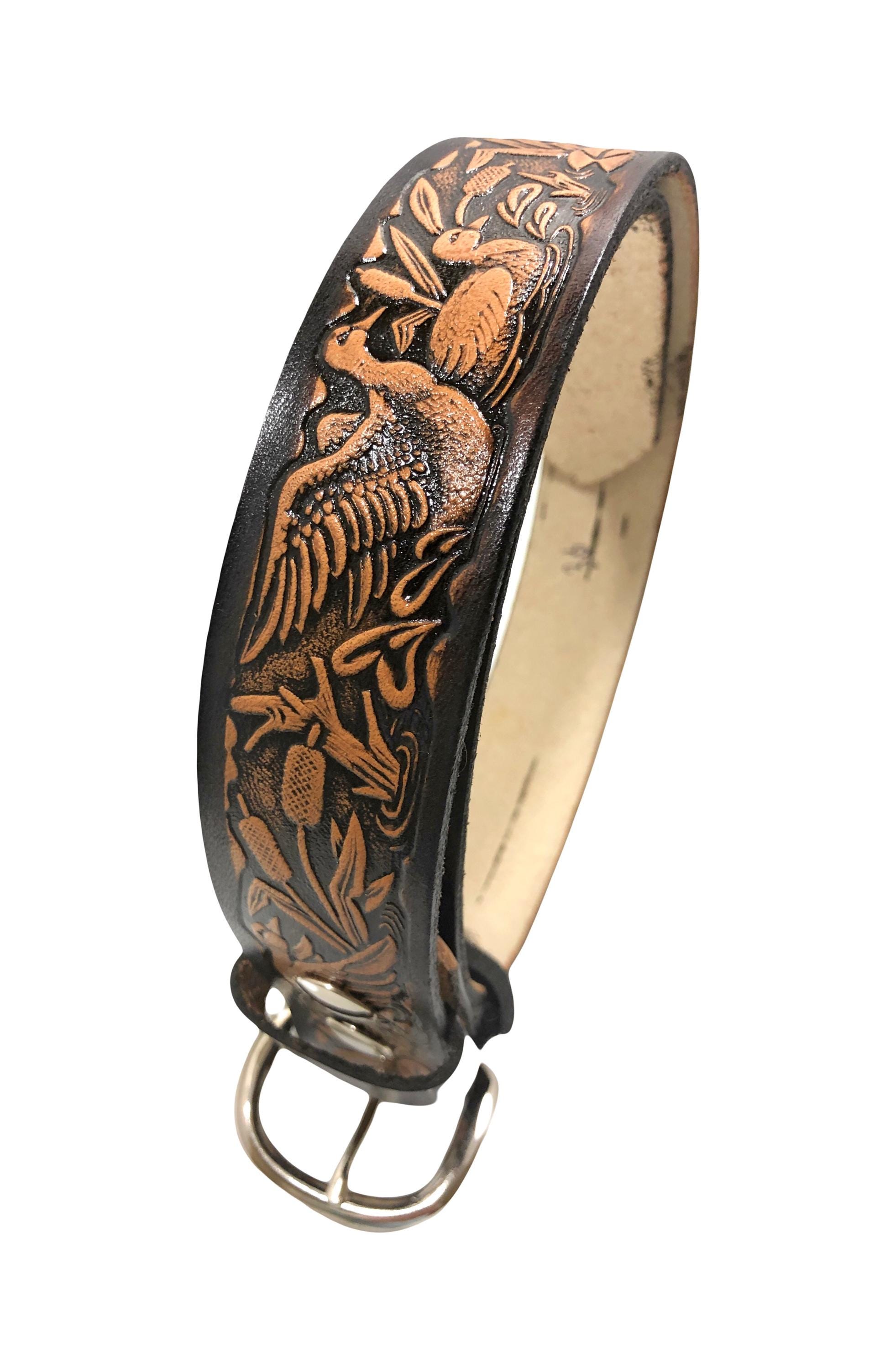 HANDMADE tooled leather belt with oval leather buckle ducks nature design 46\
