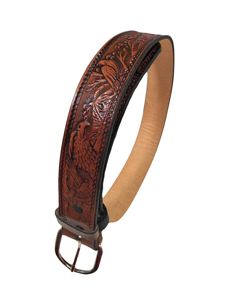 American Eagle Design Handmade Men Western Work Casual Leather Belt USA Made Color Cocoa Brown Made In America image 6