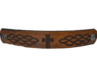 Bracelet manchette en cuir fait main avec croix chrétienne, cadeau unisexe