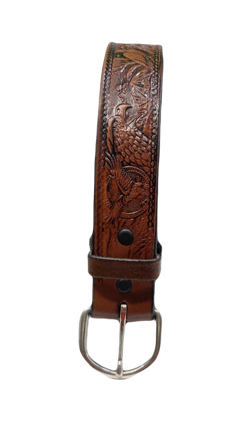 American Eagle Design Handmade Men Western Work Casual Leather Belt USA Made Color Cocoa Brown Made In America image 5