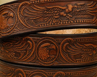 Handmade American Eagle Leather Belt: Western Style Cocoa Brown Matching Keychain Available