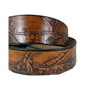 Fishing Design Handmade Men Western Work Casual Leather Belt USA Made Color Brown image 3