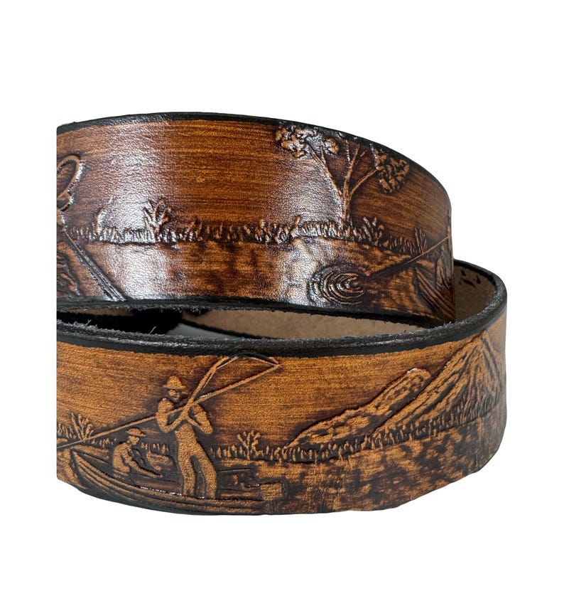 Fishing Design Handmade Men Western Work Casual Leather Belt USA Made Color Brown image 3