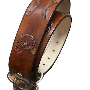 CLOSEOUTS Fish Design Hand Stamped Handmade Men Western Work Holster Leather Belt USA Made | Choose Size and Color Black or Brown