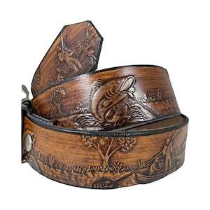 Fishing Design Handmade Men Western Work Casual Leather Belt USA Made Color Brown image 2
