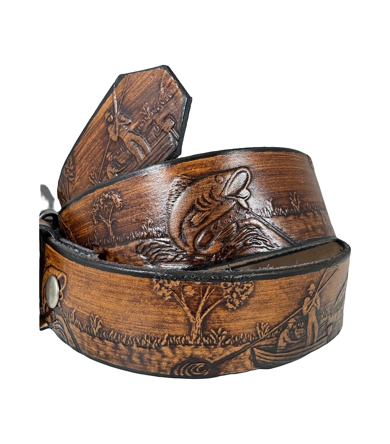 Fishing Design Handmade Men Western Work Casual Leather Belt USA Made Color Brown image 2