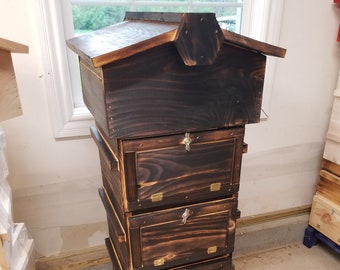 Warre hive with windows, Finished with Shou Sugi Ban technique, 4 boxes fully assembled.