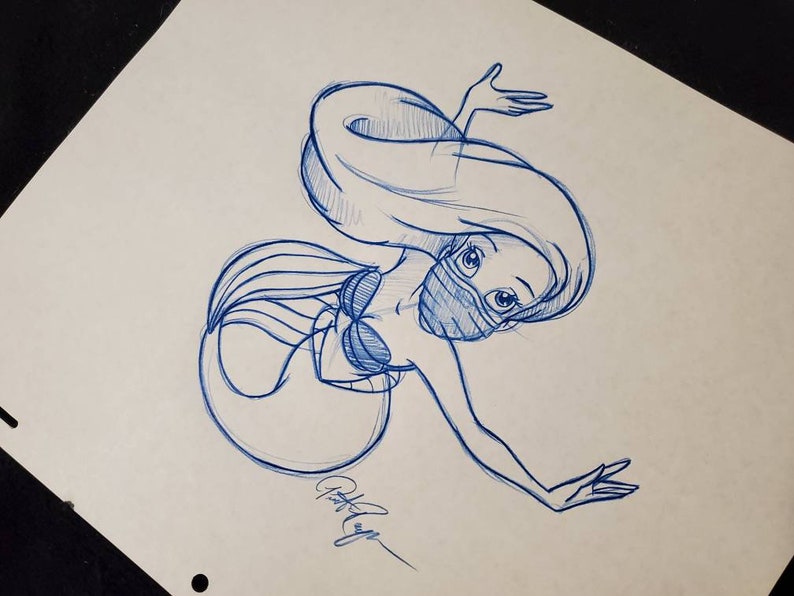 Disney-Ariel The Little Mermaid with a mask Covid 19 Corona Virus social distancing Animation-Drawing-Sketch-Signed 2020