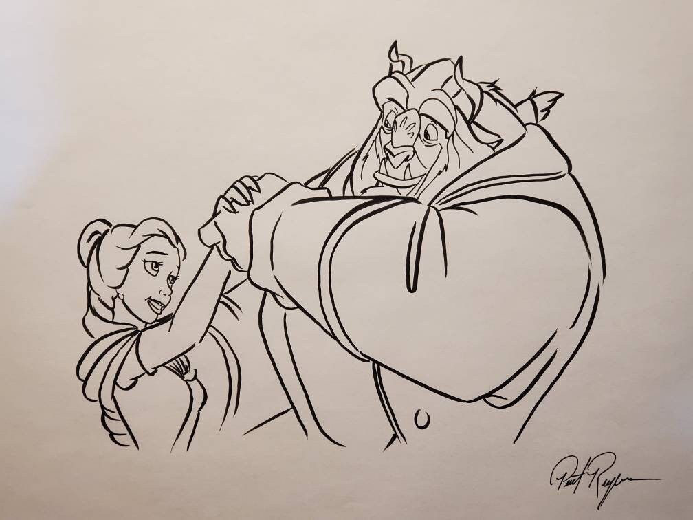 Disney Beauty And The Beast Dancing Ink Drawing Sketch Rough Etsy Polska