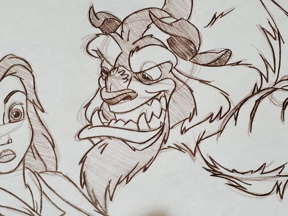 Disney Beauty And The Beast Angry Color Drawing Sketch Signed Animation Art Collectibles Drawing Illustration Hedoarchitects Pl