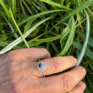 May include: A silver ring featuring a round, pale blue and grey stone. The ring has a simple, minimalist design. The ring is displayed on a hand, with green foliage visible in the background.