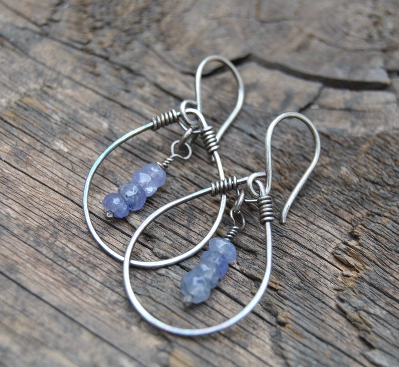 Small Hoop Earrings Tanzanite Earrings Silver Hoop Earrings Dangle Earrings Minimalist Earrings