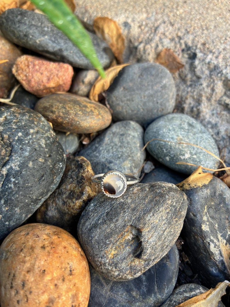 May include: A silver ring with a circular, patterned stone. The ring is set amongst grey and brown rocks. The stone has a mix of light and dark colours, and the band is thin. The ring is a piece of jewellery.