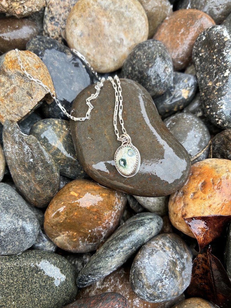 May include: A silver necklace with an oval pendant featuring a light green and white design. The pendant hangs on a delicate chain, resting on a collection of wet, smooth stones in various shades of brown, gray, and tan.