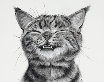May include: A black and white pencil drawing of a cat with its eyes closed and mouth open, showing its teeth. The cat is drawn in a realistic style, with detailed fur and whiskers.