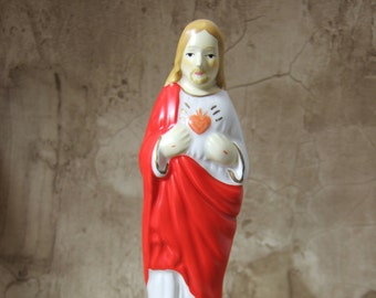 Holy Water Font Sacred Heart of Jesus Ceramic Statue - Stands or Hangs Beautiful vintage Catholic devotional