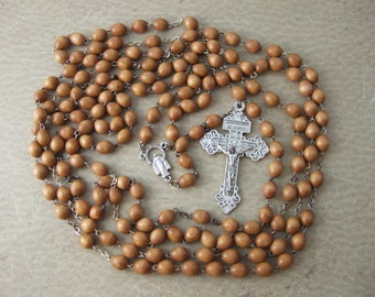 15 decade Rosary with brown wood beads - very large 49" with metal "happy death" pardon Crucifix