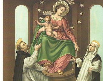 May include: A religious print depicting the Madonna and Child, seated on a pedestal, surrounded by figures in religious garb. The image features a crown, stars, and the text "MADONNA DI POMPEI".