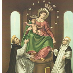 May include: A religious print depicting the Madonna and Child, seated on a pedestal, surrounded by figures in religious garb. The image features a crown, stars, and the text "MADONNA DI POMPEI".
