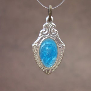 Sacred Heart of Jesus blue enamel vintage Catholic Scapular pendant medal - silver finish metal