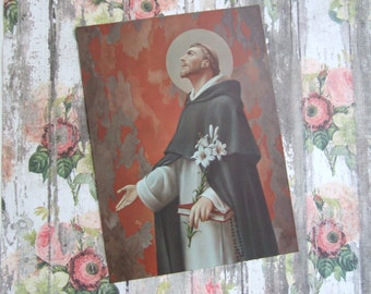 Vintage St. DOMINIC of the ROSARY Catholic Art Print  6x8" never displayed from the 1970's