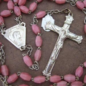 Vintage Catholic Rosary from France with Pink Glass beads and lovely Crucifix and Center medal