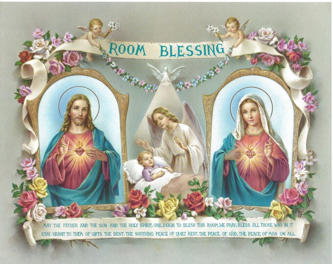 Room Blessing Prayer Picture With Sacred Heart of Jesus and Immaculate Heart Mary 8 X 10