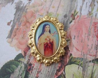 St. Therese vintage Brooch Lapel Pin with a lovely picture of the Little Flower