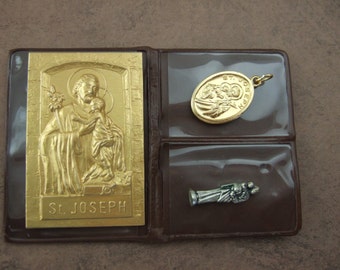 Saint Joseph pocket folder Catholic shrine with metal picture rosary ring and medal