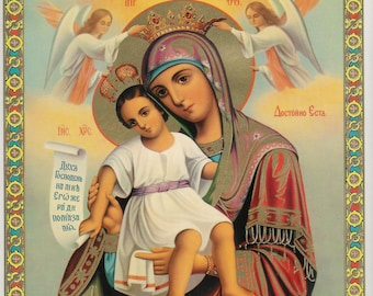 May include: A religious icon featuring a woman holding a child, both with halos. The woman wears a crown and a red and purple robe. Two angels flank the figures, and text is visible in the image. The background is a golden yellow.