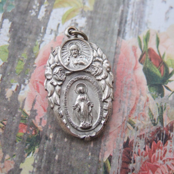 Scapular / Miraculous Medal combo Vintage Catholic Pendant (Gorgeous, ornate detail!)