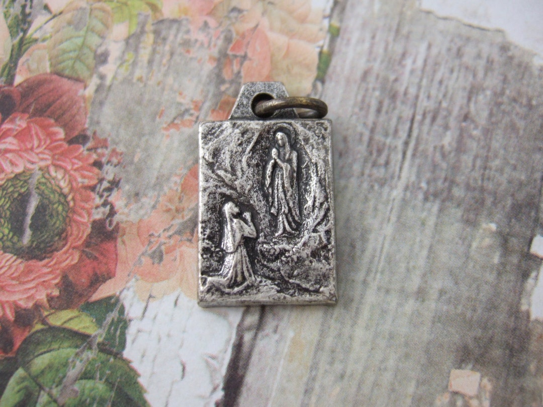 Our Lady of Lourdes and St. Bernadette Vintage Catholic Medal - Silver ...