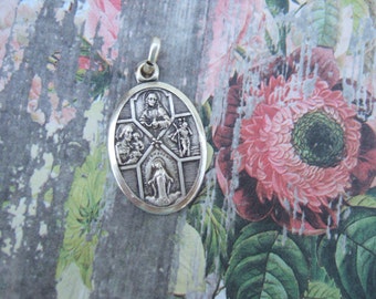 Vintage 4 Way Scapular medal 25mm silver finish metal from 1950's Catholic Religious pendant