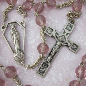 Vintage Amethyst Purple Glass rosary from France with beautiful Crucifix and Our Lady of Lourdes center medal