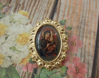 Our Mother of Perpetual Help vintage Brooch Lapel Pin with a lovely picture