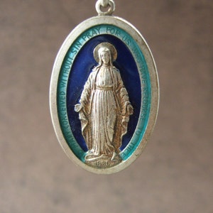 Vintage Catholic MIRACULOUS MEDAL Pendant with turquoise and blue enamel
