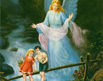 Guardian Angel with Boy and Girl crossing bridge Religious Art Print Picture - 7 1/2" x 10" ready to frame!