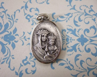 Vintage OUR LADY of the WAY & Sacred Heart Jesus travel protection medal 26mm silver finish metal from 1950's Catholic Religious pendant