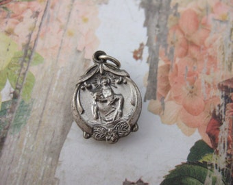 St. Christopher and Child Jesus vintage Catholic pendant medal - 20mm silver finish metal w/ "In case of accident, call a Priest"