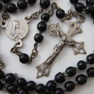 Vintage Catholic St. Therese Lisieux Small Black Glass Rosary with 4.5mm beads