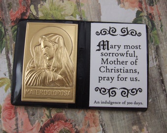 OUR LADY of SORROWS Virgin Mary pocket prayer folder Catholic Marian shrine with metal picture