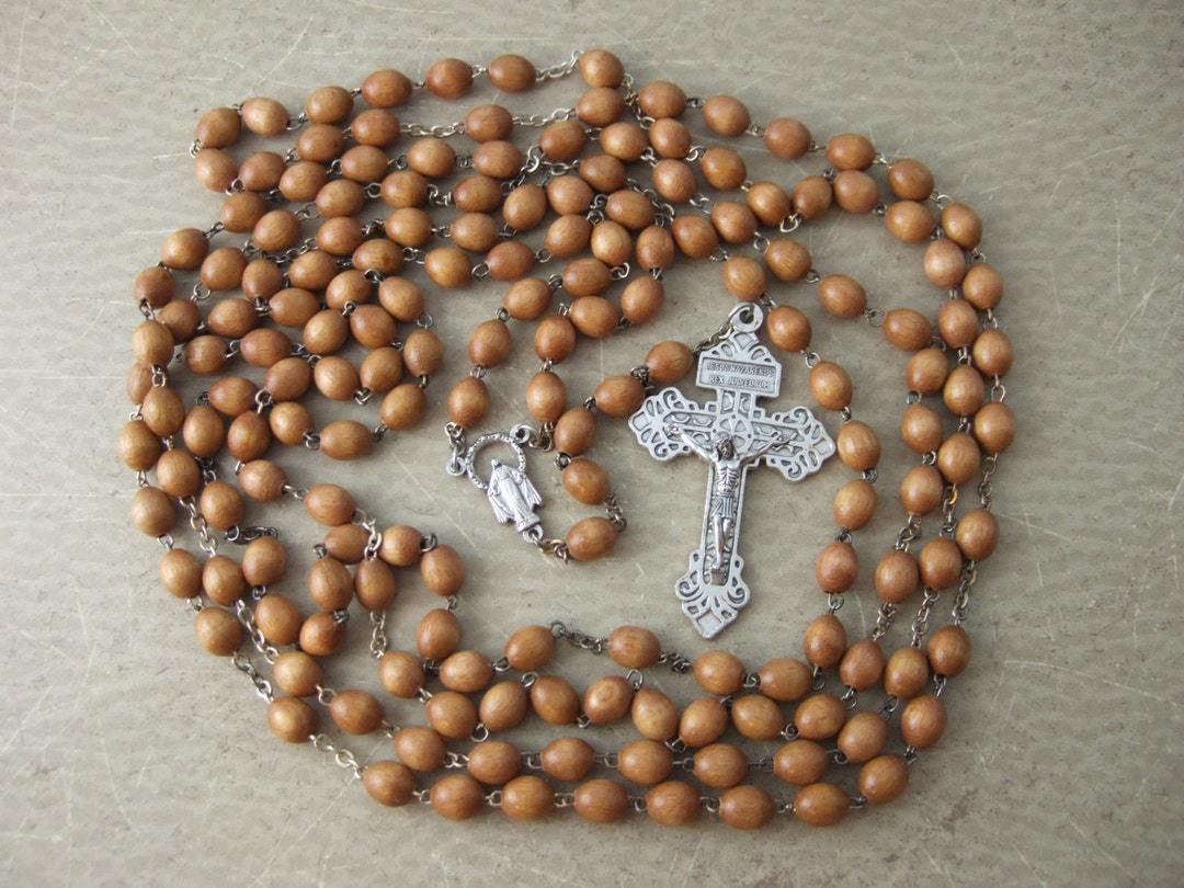 15 Decade Rosary With Brown Wood Beads - Very Large 49" With Metal ...