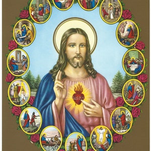 Sacred Heart of Jesus with Scenes from His life Religious Art Print Picture - 7 1/2" x 10" ready to frame!