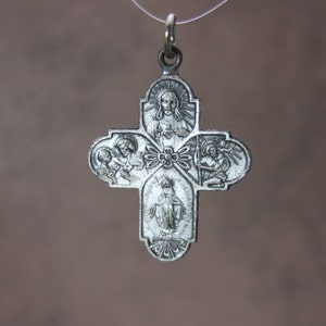 Vintage 4 Way Cruciform Catholic pendant medal - silver finish metal