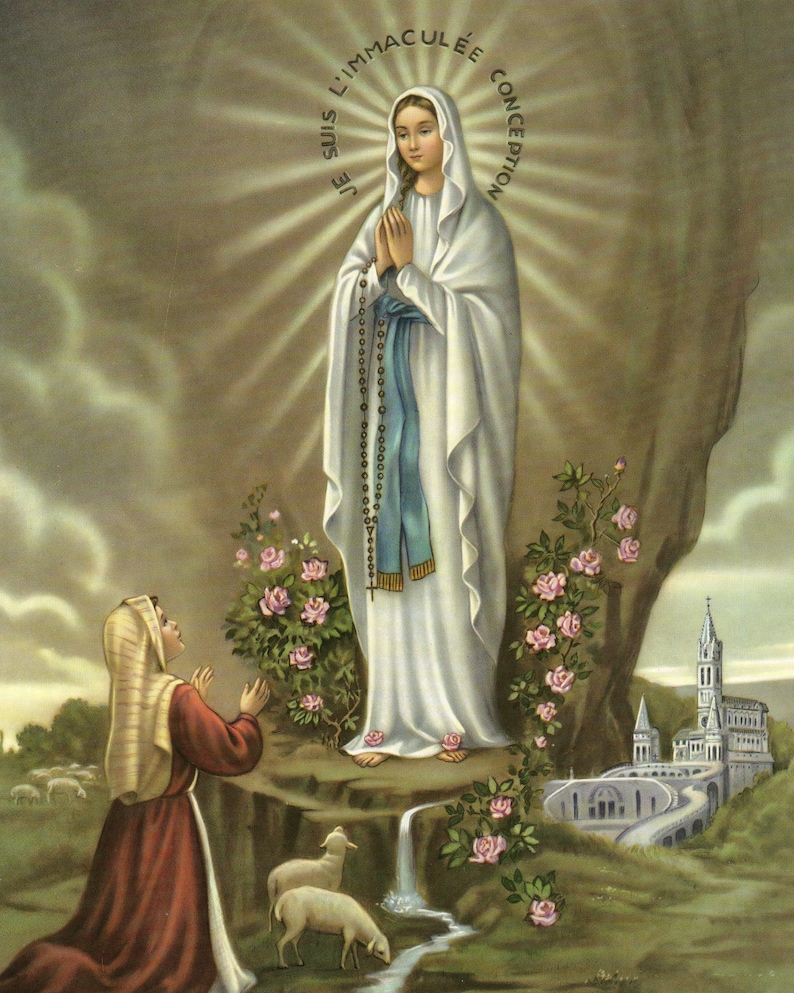 Our Lady of Lourdes With Saint Bernadette Picture Catholic Art Print 8 ...