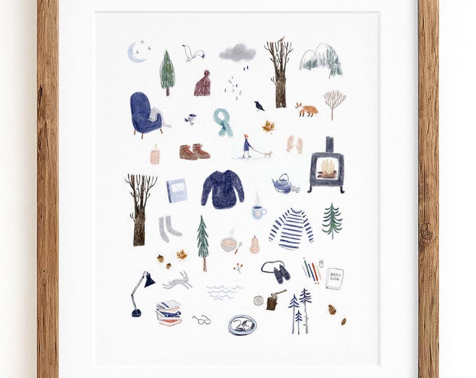 Art print illustration of winter essentials | winter art print | winter illustration