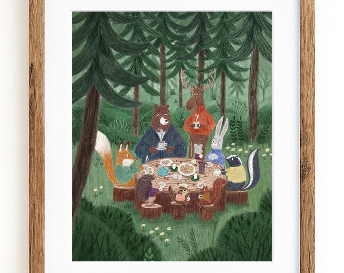 Art print illustration | Animals friends picking apples