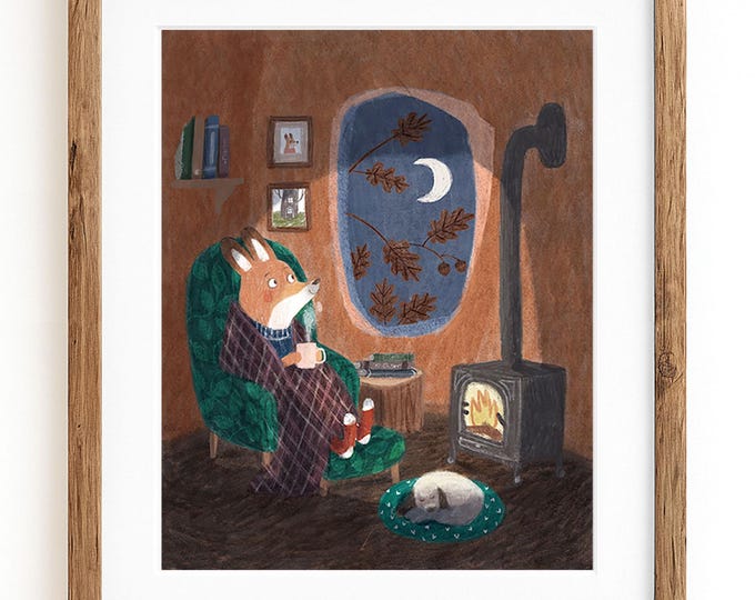 Art print | Illustration of a fox in its den by the fire